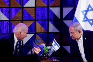 U.S. President Joe Biden attends a meeting with Israeli Prime Minister Benjamin Netanyahu, as he visits Israel amid the ongoing conflict between Israel and Hamas, in Tel Aviv, Israel, October 18, 2023. REUTERS/Evelyn Hockstein